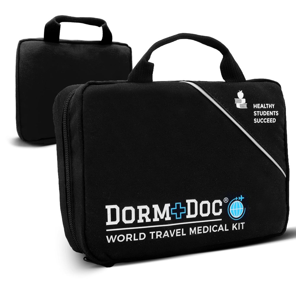 DormDoc World Travel 200 Piece Emergency First Aid Kit for College Students - Dorm Room Foreign Study Kit with OTC Medicines and Bandages for School, Sports, Vehicle and Travel (Black)