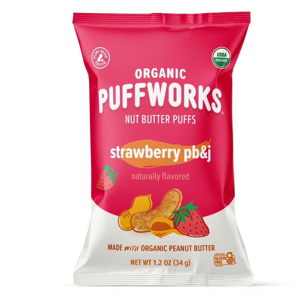Puffworks Strawberry PBJ Organic Peanut Butter Puffs, 1.2 Ounce (Pack of 6), Plant-Based Protein Snack, Gluten-Free, Vegan, Kosher