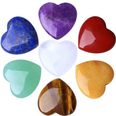 7 PCS Chakra Heart Crystals Pocket Natural Stones Polished Amethyst Palm Assorted Healing Crystal Love Shaped Gemstones 0.8" Set Reiki Energy Balancing Meditation Mother's Day Gift