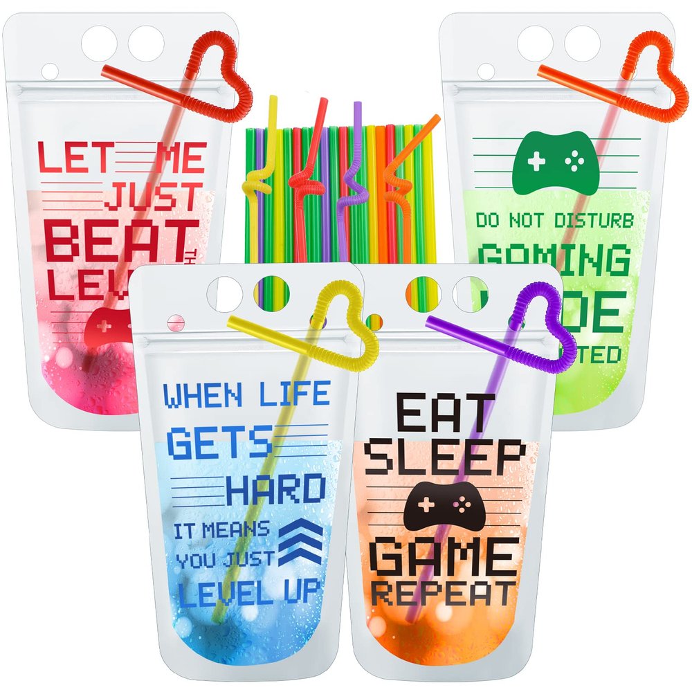 24 Pcs Video Game Party Favors Cups Video Gaming Themed Plastic Drink Pouches with Straws Clear Zipper Bags Reusable Pouches for Birthday Decor Party Favors Gift Prizes (Red/blue/green/orange)