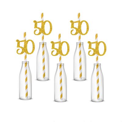 Labakita 50th Birthday Party Straw Decor, 50th Birthday Paper Straw Decor, 50th Birthday Striped Decorative Straws, Set of 24