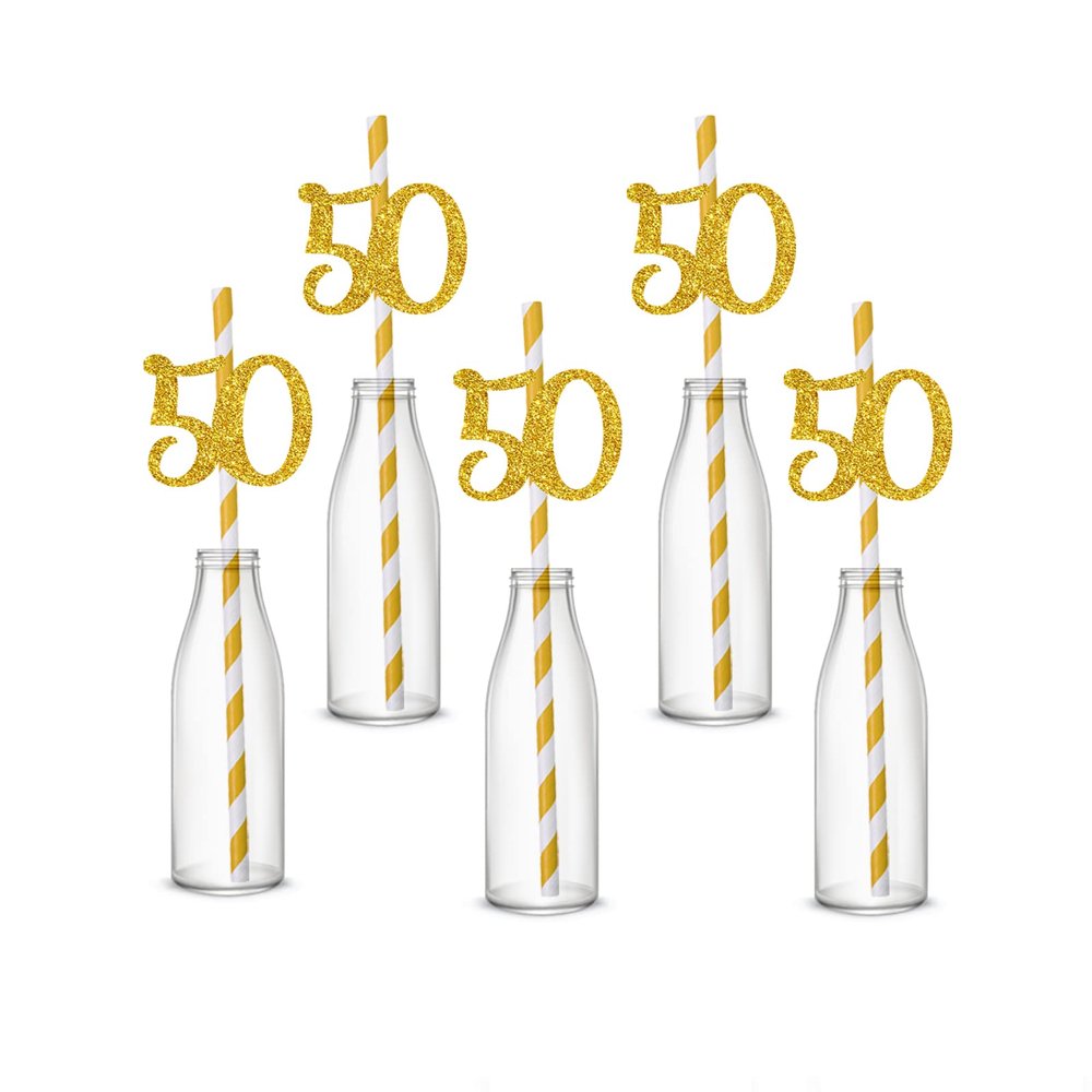 Labakita 50th Birthday Party Straw Decor, 50th Birthday Paper Straw Decor, 50th Birthday Striped Decorative Straws, Set of 24
