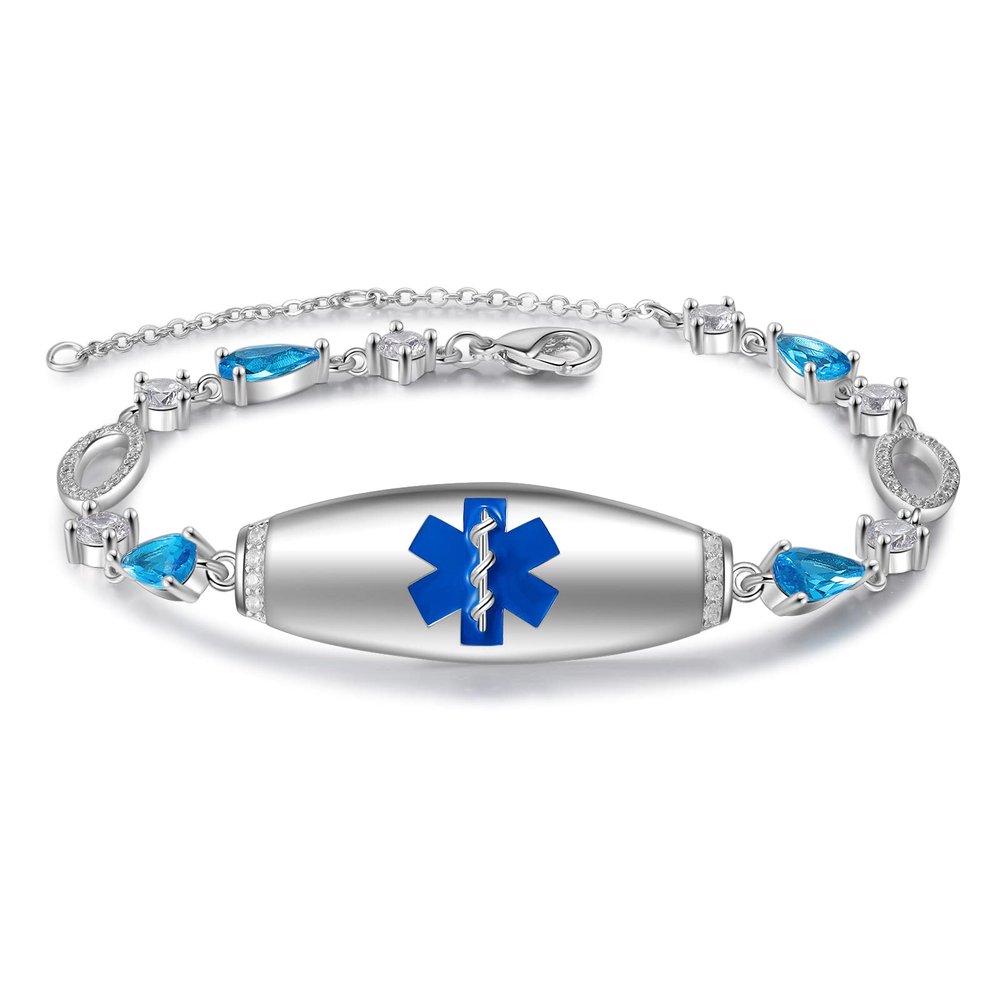 FenFang Personalized Emergency ID Alert Medical Bracelets for Women Free Engrave Diabetes Information Bracelets Tag Stainless Steel Waterproof Bracelets, blue