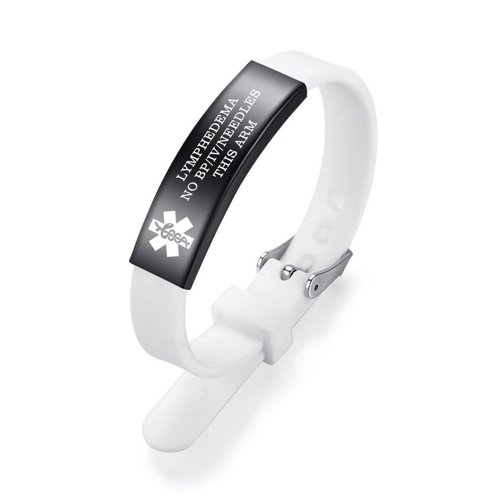 AOAMID Medical Alert Bracelets for Men Women Adjustable Free Engraving Sport Silicone Medical ID Bracelets 7.5 Inches (Small-White-lymphedema alert)