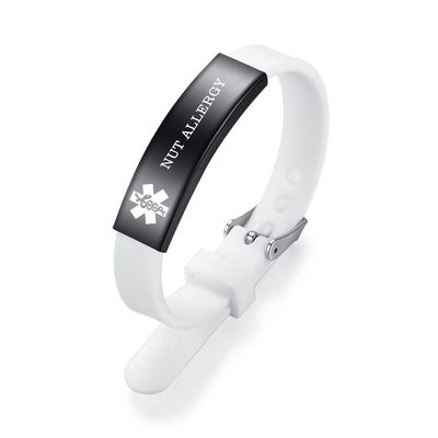 AOAMID Medical Alert Bracelets for Men Women Adjustable Free Engraving Sport Silicone Medical ID Bracelets 7.5 Inches (Small-White-nut allergy)