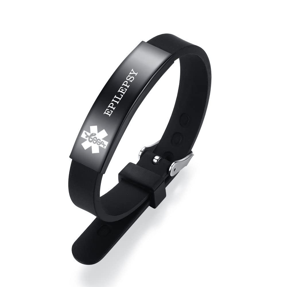 AOAMID Medical Alert Bracelets for Men Women Adjustable Free Engraving Sport Silicone Medical ID Bracelets 7.5 Inches (Small-Black-epilepsy)