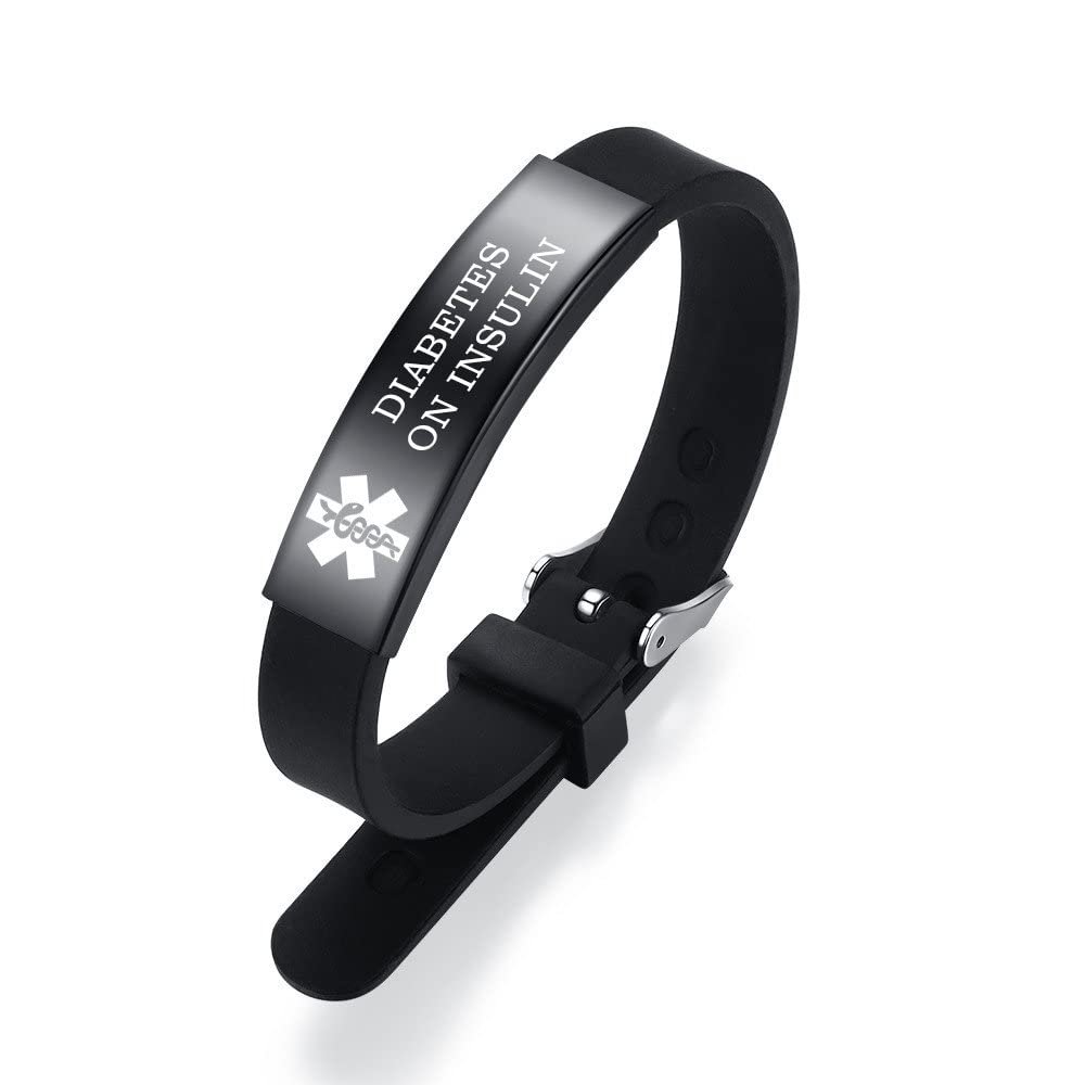 AOAMID Medical Alert Bracelets for Men Women Adjustable Free Engraving Sport Silicone Medical ID Bracelets 7.5 Inches (Small-Black-diabetes on insulin)