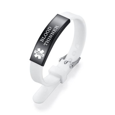 AOAMID Medical Alert Bracelets for Men Women Adjustable Free Engraving Sport Silicone Medical ID Bracelets 7.5 Inches (Small-White-blood thinner)