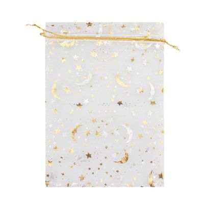 100 Moon Star Organza Jewelry Gift Pouch Candy Pouch Moon Drawstring Wedding Favor Bags AUG (5x7 inch, white)