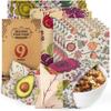 Akeeko Reusable Beeswax Food Wraps - Assorted 9 Packs, Reusable, Plastic-Free Food Storage, 5 Small, 2 Medium, 1 Large, 1 Extra Large Wraps with Plants and Boho Birds Pattern view 1