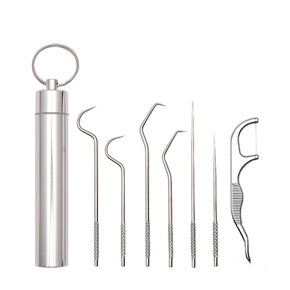 Dental Pick Portable Stainless Steel Tooth Pick Set Reusable Tooth Stains Remover Dental Tool Teeth Cleaning Tools with Holder for Outdoor Picnic, Camping, Travel (7PCS/Set)