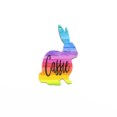 Easter Tag, Customized Bunny Name Tag, 3.5" | Rainbow Stripes | Basket Stuffers & Decorations, Holiday Gifts for Boys & Girls, Cute Rabbit Decor, Hanging Ornament for Kids, Hickory Hollow Designs