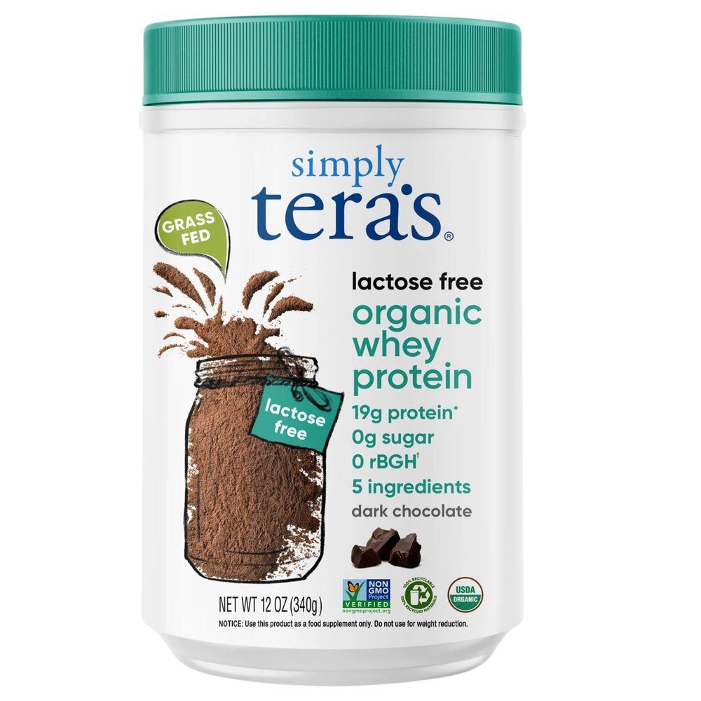 Simply tera's Lactose Free Organic Whey Protein Powder - Lactose Free, Dark Chocolate, 19g of Protein Per Serving, Non-GMO, Gluten-Free, rBGH-Free, Kosher - 12 Oz
