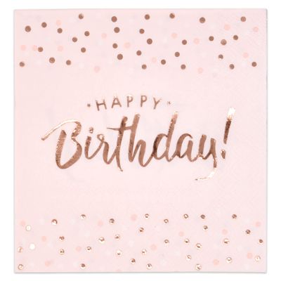 Gift Boutique 100 Happy Birthday Napkins Cocktail Beverage 3 Ply Light Pink Disposable Paper Napkin with Rose Gold Foil Dessert Napkin for Women Girls