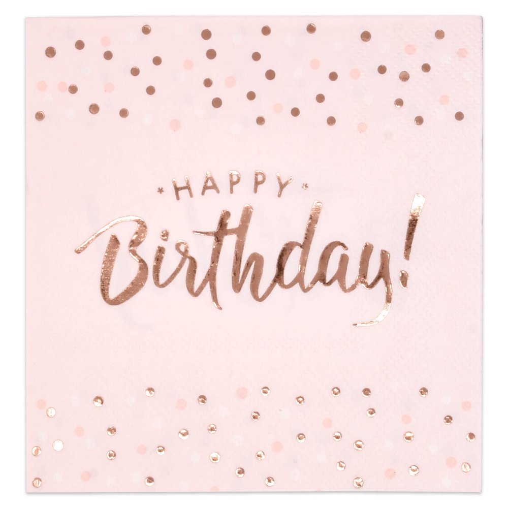 Gift Boutique 100 Happy Birthday Napkins Cocktail Beverage 3 Ply Light Pink Disposable Paper Napkin with Rose Gold Foil Dessert Napkin for Women Girls