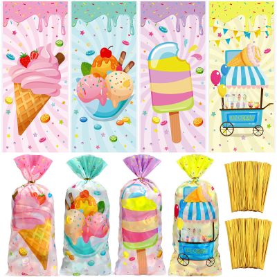 Eaasty 120 Pieces Ice Cream Party Favor Bags, 5 x 11 Inch Four Ever Sweet Goodie Bags with Twist Ties Goodie Cello Wrapping for Ice Cream Theme Party, Baby Shower, Weddings, Valentines