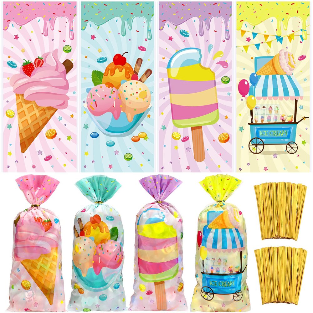 Eaasty 120 Pieces Ice Cream Party Favor Bags, 5 x 11 Inch Four Ever Sweet Goodie Bags with Twist Ties Goodie Cello Wrapping for Ice Cream Theme Party, Baby Shower, Weddings, Valentines