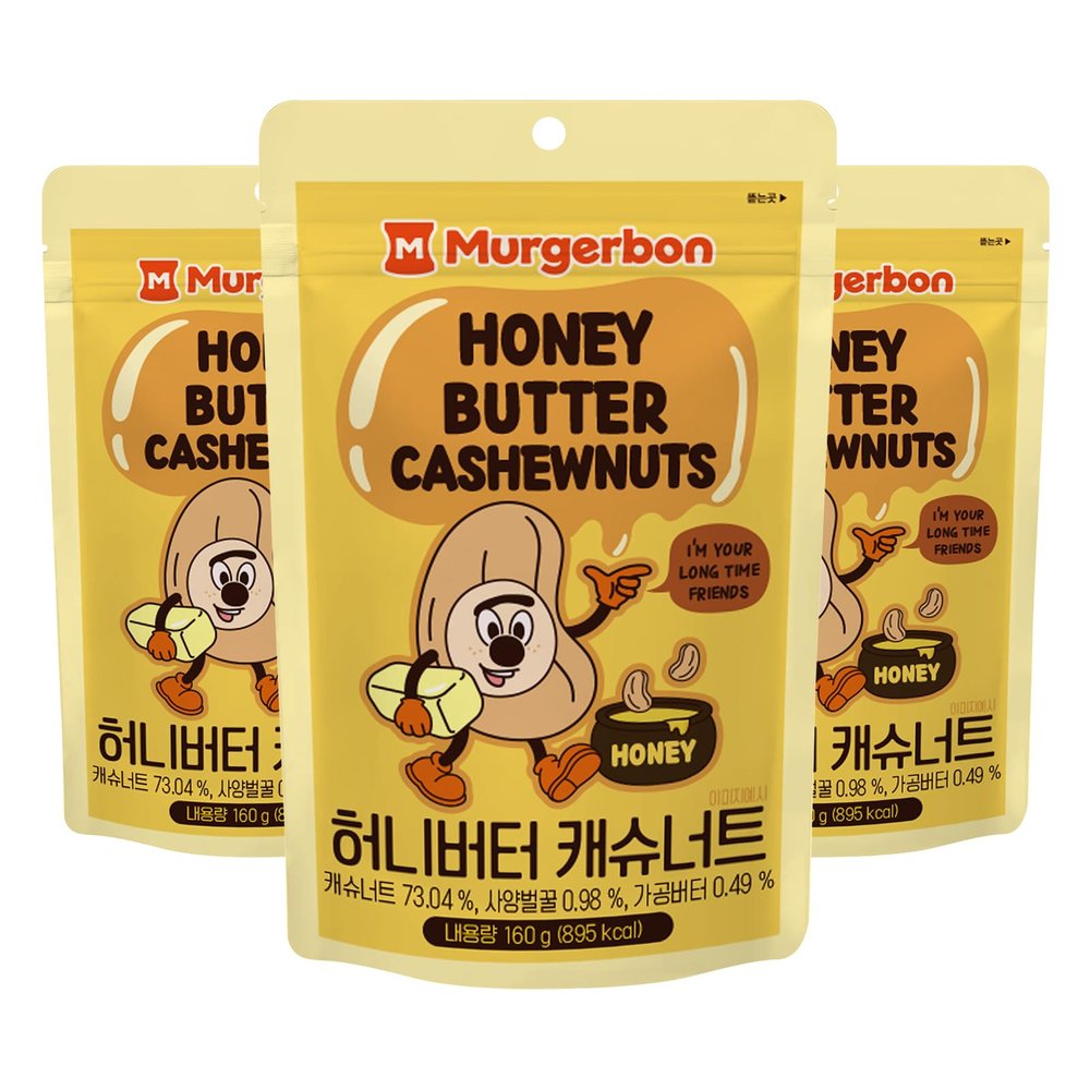 [Official MURGERBON] Honey Butter Cashew Nuts, High Protein, Resealable Zip Pouch, Snack for Kids, School, Office (3x5.6oz)