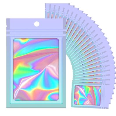 100 Holographic Gradient Mylar Bags with Clear Window, Resealable Zip Pouch, Packaging Party Sample Bags (Purple&Light Blue, 5.5x7.8 Inch)