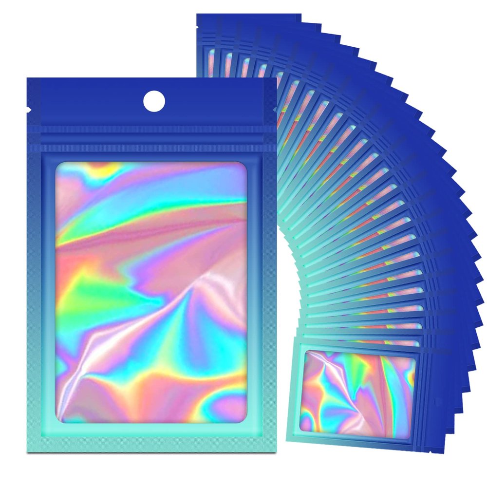 100 Holographic Gradient Mylar Bags with Clear Window, Resealable Zip Pouch, Packaging Party Sample Bags (Gradient Blue, 4.7x7.8 Inch)