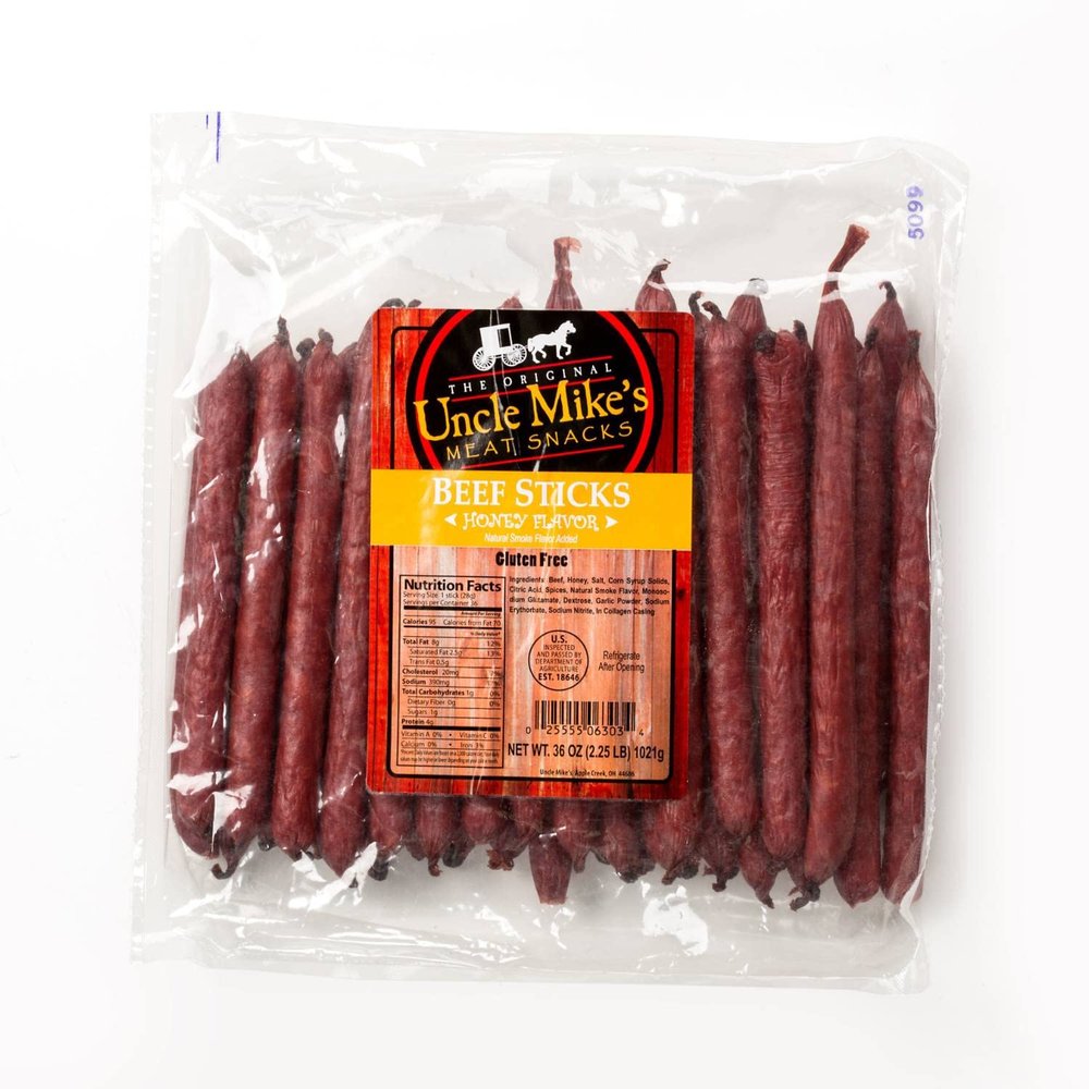 Uncle Mike's Original Beef Sticks Gluten Free Meat Snacks 36 Pieces, Honey Flavor Brown