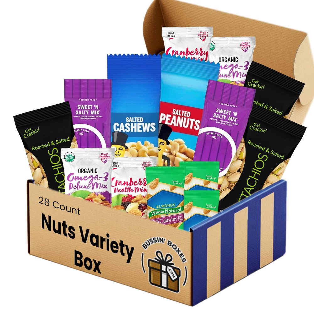 Nuts Snack Packs with Mixed Nuts and Trail Mix  Healthy Snacks Variety Pack for Adults, Office, School, Travel  28 Count Bulk Pack Assembled by Bussin Boxes