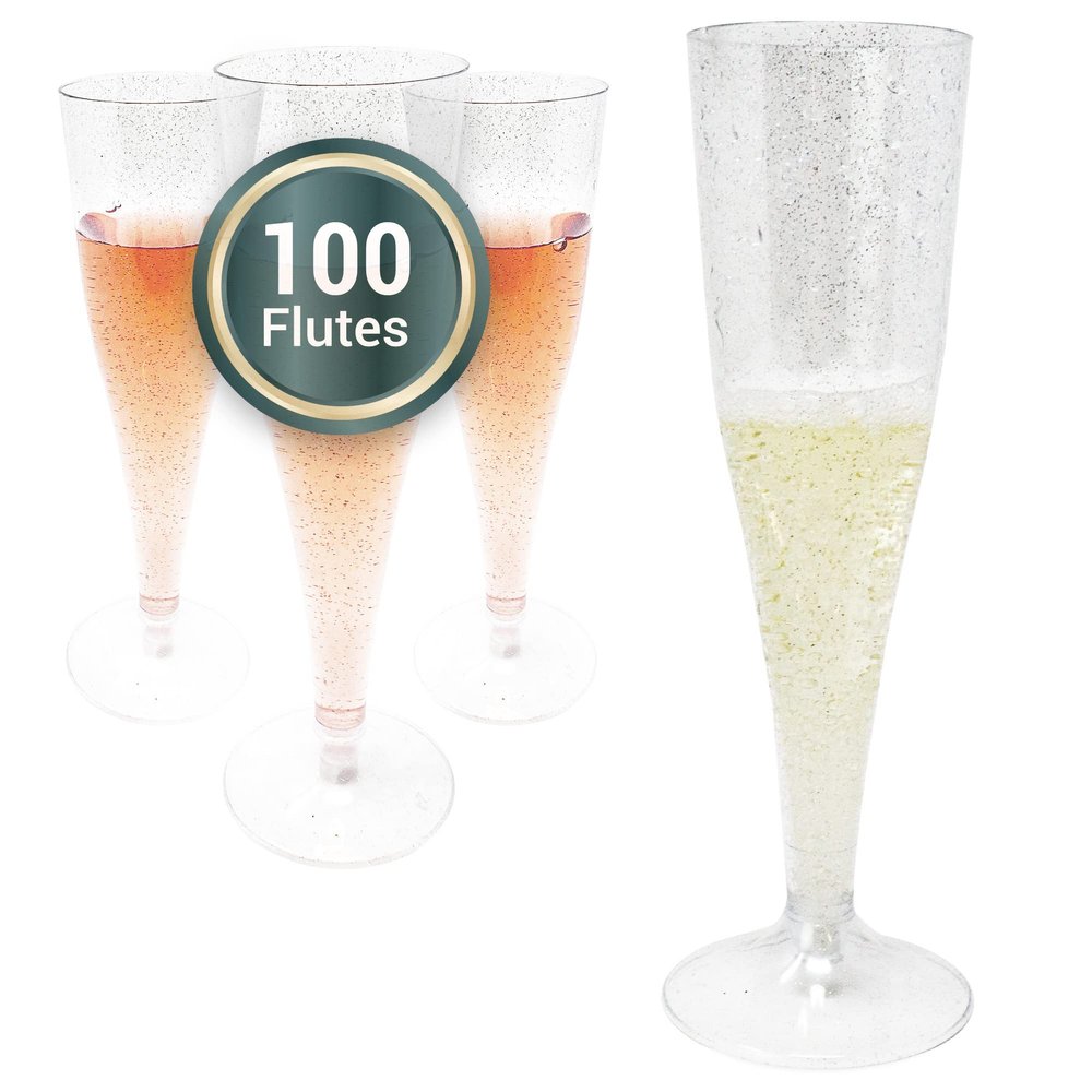 Reli. Champagne Flutes Plastic | 100 Pack | 4.5 oz - Silver Glitter | Premium Plastic Champagne Flutes | Party-Perfect for Celebrations