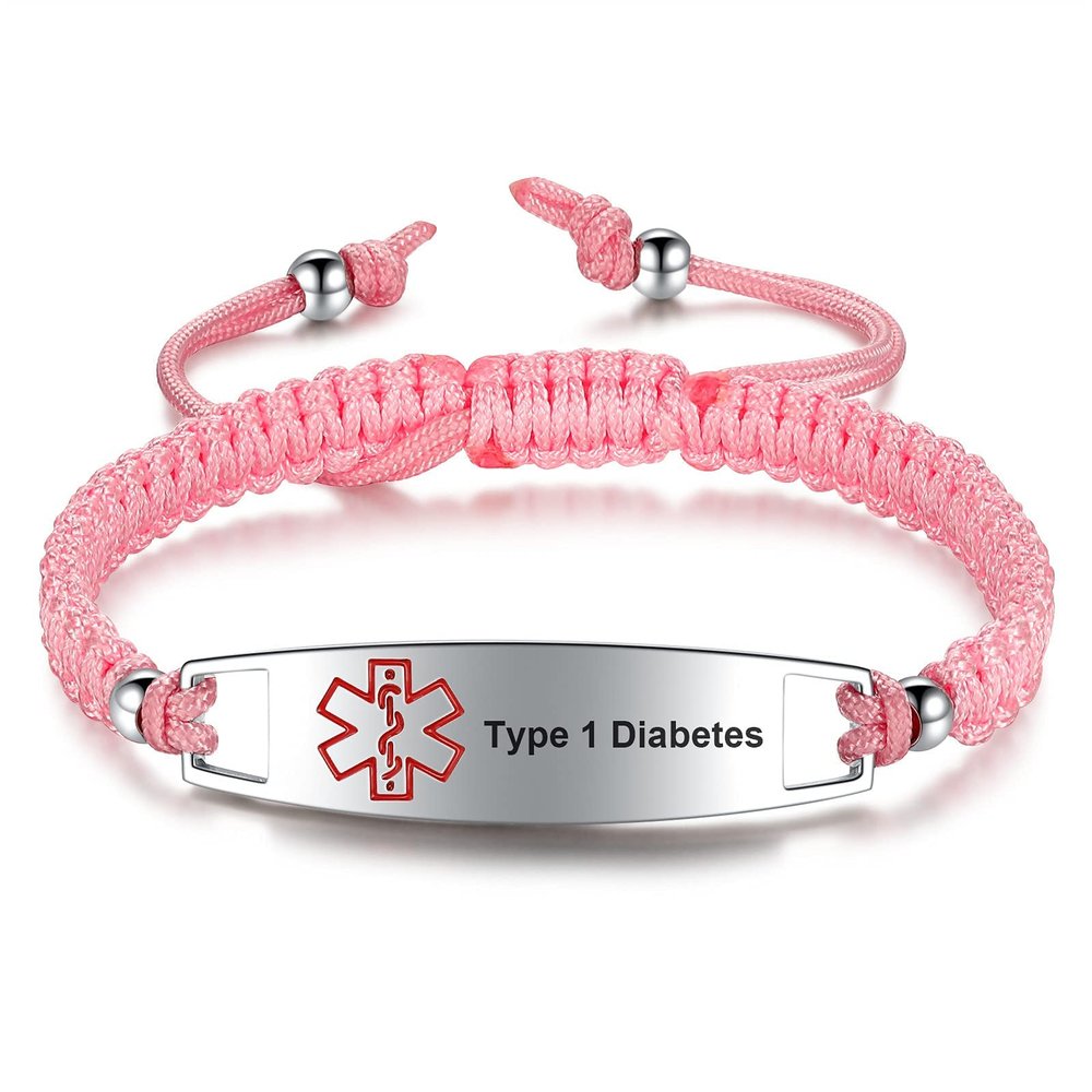 JF.JEWELRY Type 1 Diabetes Medical Alert Bracelets for Women | Pre-Engraved Medical Alert Bracelet with Pink Nylon Braided Rope, pink