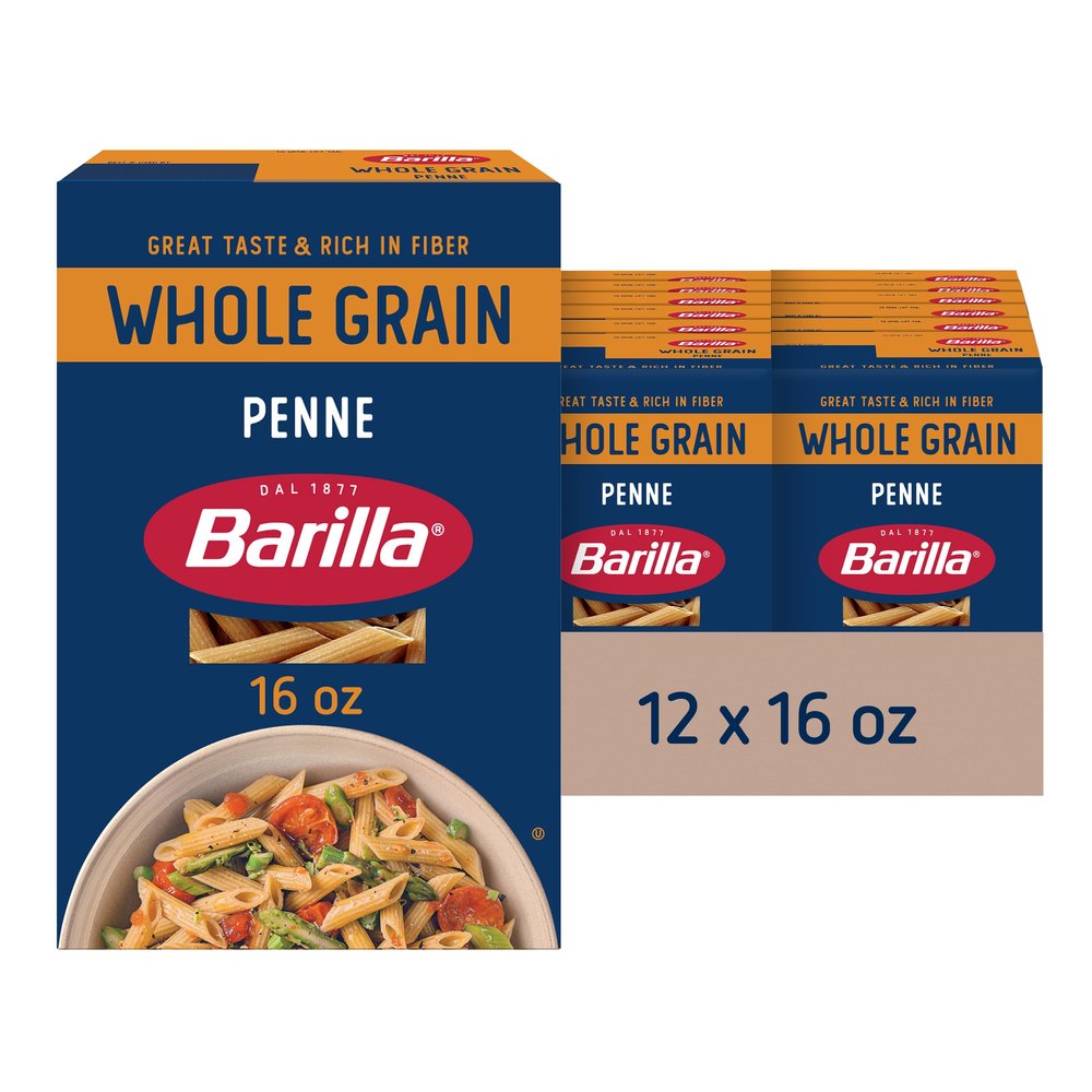 Barilla Whole Grain Penne Pasta, 16 oz. Box (Pack of 12) - Non-GMO, Made With 100% Whole Grain Durum Wheat - Great Source of Fiber