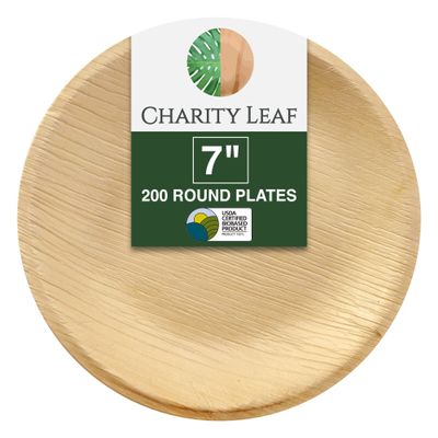 Charity Leaf Disposable Palm Leaf 7" Round Plates (200 pieces) Bamboo Like Serving Platters, Disposable Boards, Eco-Friendly Dinnerware For Weddings, Catering, Events