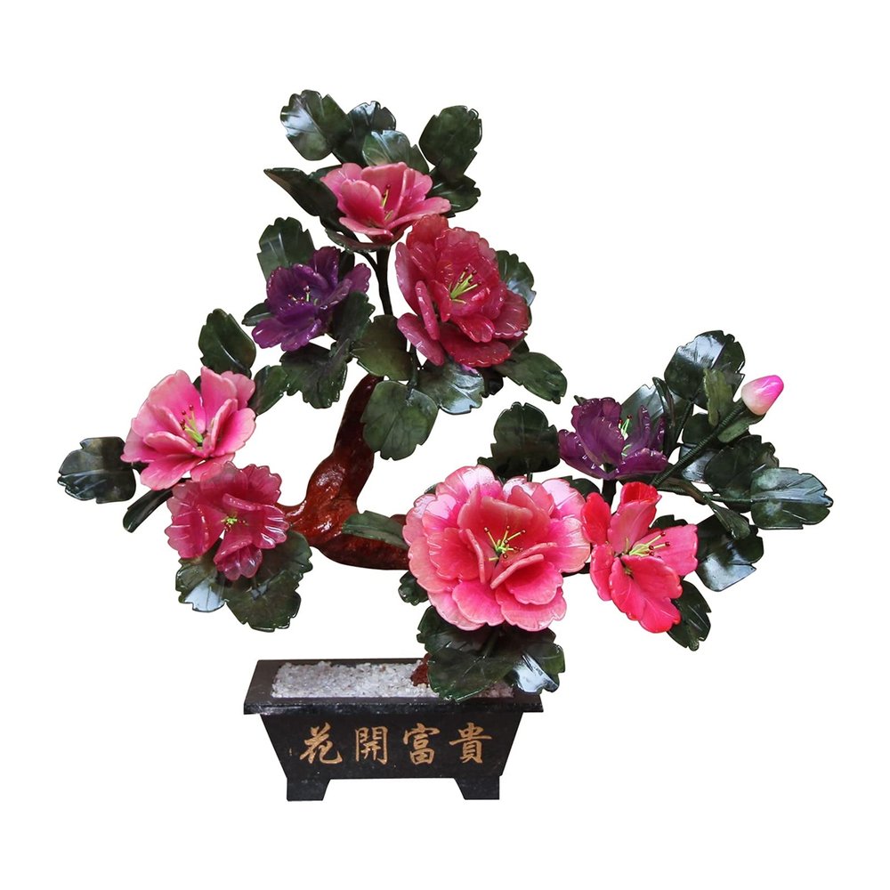 YUHUAWF Artificial Bonsai Feng Shui Lucky Tree Natural Jade Bonsai Jade Carving Flower Bonsai Ornaments for Tabletop Home Office Decoration (8 Peony Flowers) for Home Office