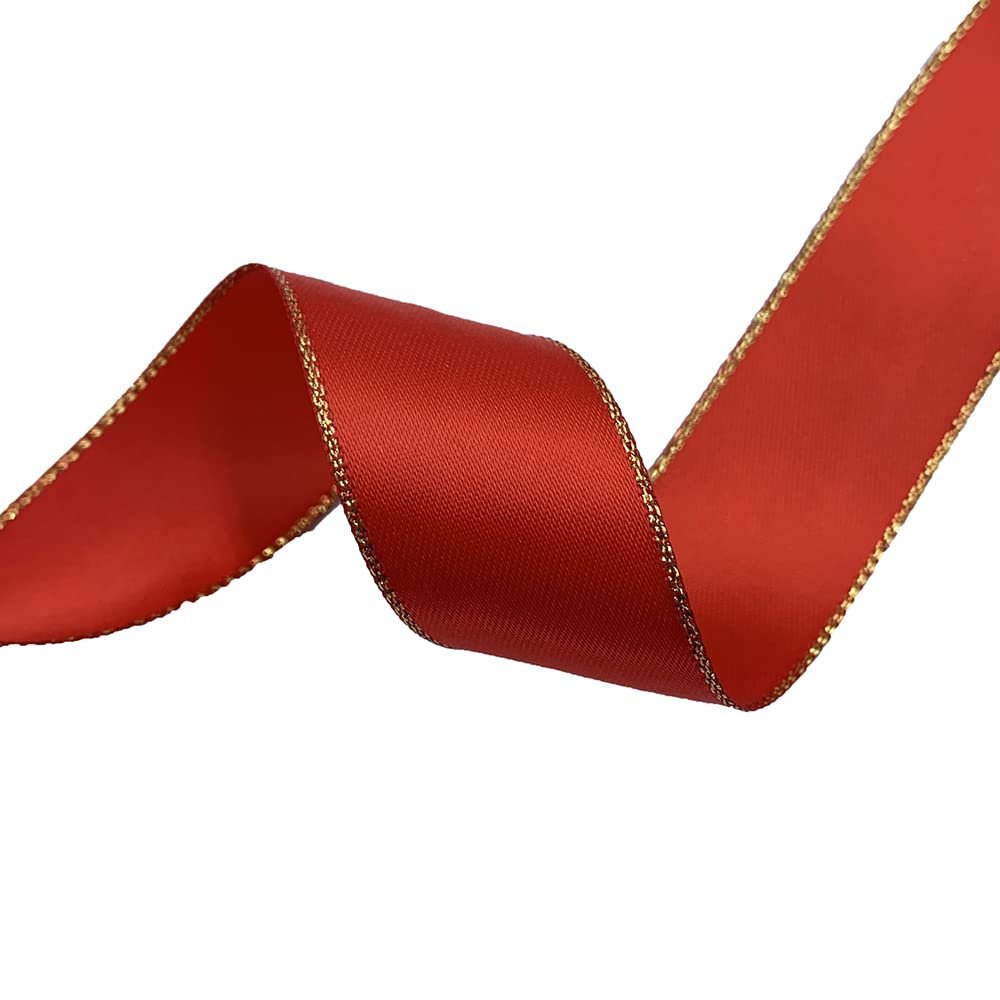1 inch Wide Double Face Satin Ribbon with Gold Edges for DIY Gift Wrapping (red)