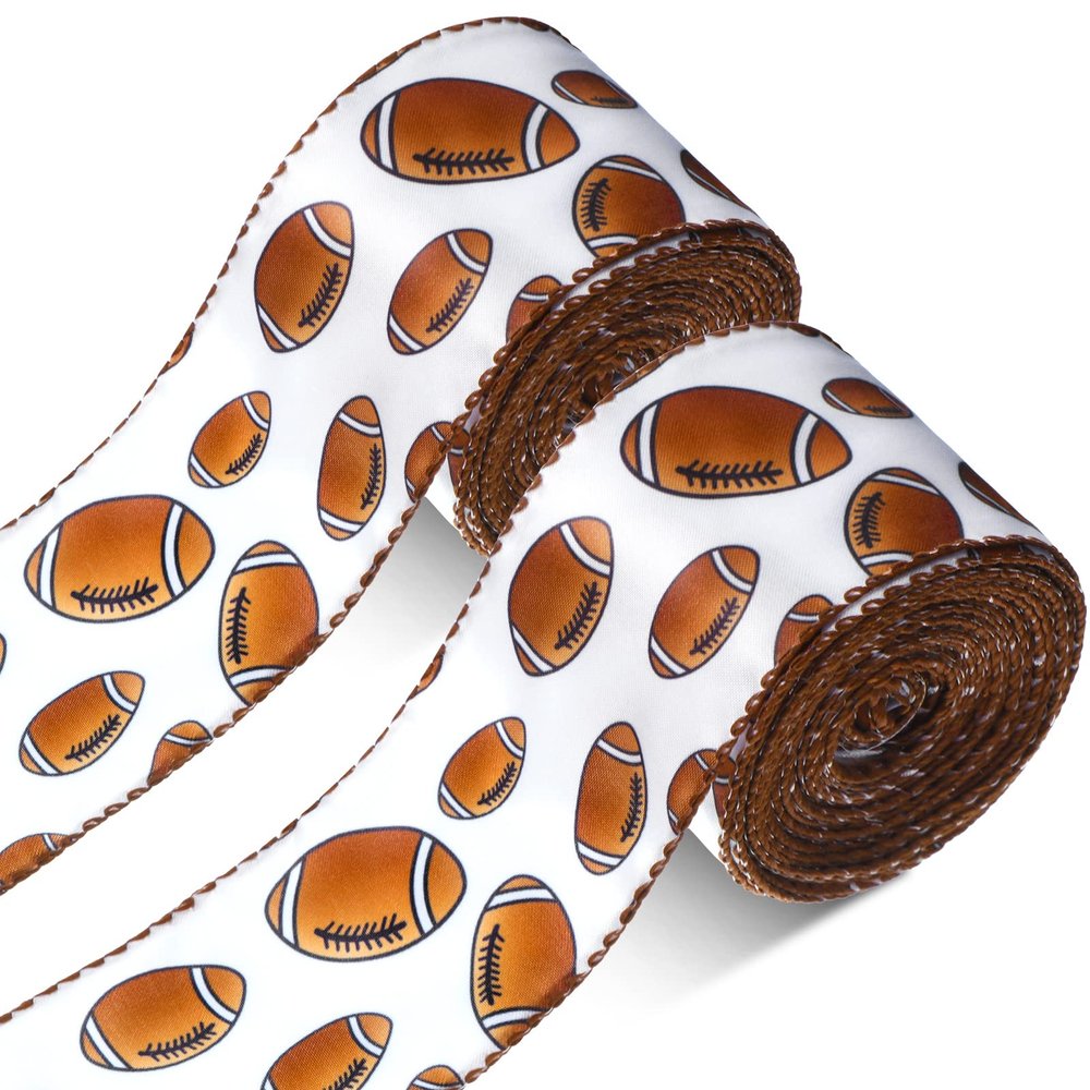 2 Rolls 20 Yards Football Wired Ribbon 2 Inches Football Printed Wide Wired Edge Ribbon for DIY Crafts Wreath Bow Package Wrapping Supplies, White Brown Black