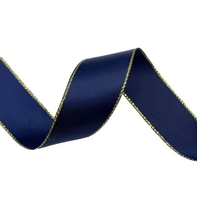 1 inch Wide Double Face Satin Ribbon with Gold Edges for DIY Gift Wrapping (Blue)