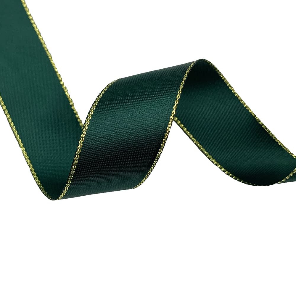 1 inch Wide Double Face Satin Ribbon with Gold Edges for DIY Gift Wrapping (Green)