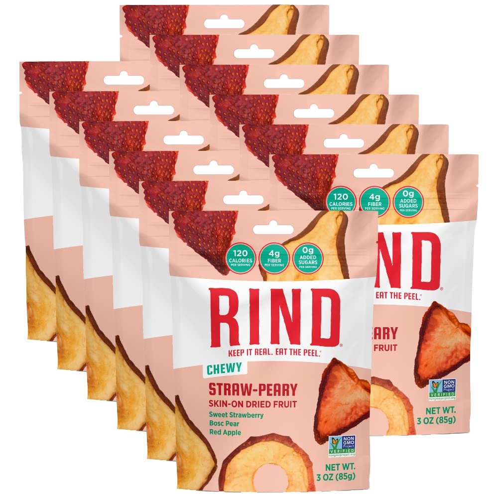 RIND Snacks | Straw-Peary | Strawberry, Apple & Pear | Dried Fruit Superfood | Chewy Snack | No Sugar Added | All Natural | High in Fiber | Gluten Free | Vegan | Paleo | Fruit Snacks | 3 oz | 12 Pack