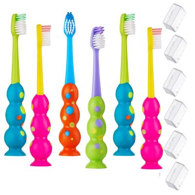 Trueocity Kids Toothbrush 6 Pack - Soft Contoured Bristles - Child Sized Brush Heads (3-10 Year Old) - Suction Cup for Fun & Easy Storage - Girl & Boy Set (6-Pack, Multi-Color)