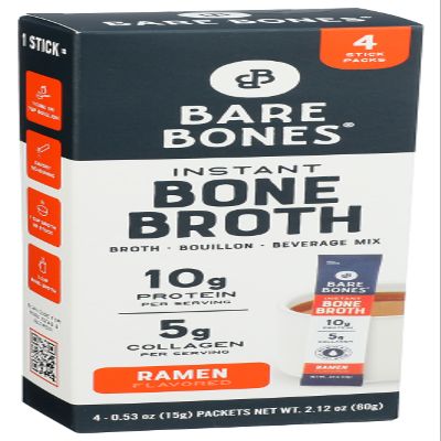 Bare Bones Bone Broth Instant Powdered Mix | Rich Savory Packets on-the-Go No Artificial Flavors | Non-GMO Gluten-Free Dairy-Free Keto & Paleo Friendly | 15g Sticks 10g Protein | Ramen | 4 Pack