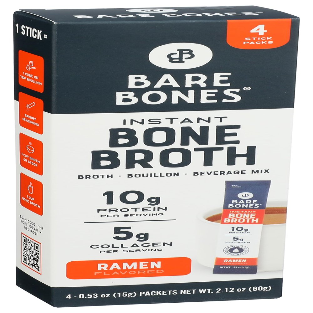 Bare Bones Bone Broth Instant Powdered Mix | Rich Savory Packets on-the-Go No Artificial Flavors | Non-GMO Gluten-Free Dairy-Free Keto & Paleo Friendly | 15g Sticks 10g Protein | Ramen | 4 Pack
