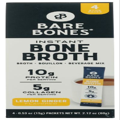 Bare Bones Bone Broth Instant Powdered Mix | Rich Savory Packets on-the-Go No Artificial Flavors | Non-GMO Gluten-Free Dairy-Free Keto & Paleo Friendly | 15g Sticks 10g Protein | Lemon Ginger | 4 Pack
