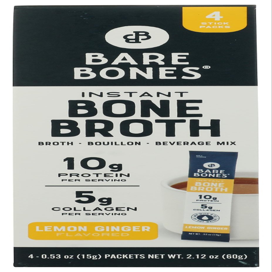 Bare Bones Bone Broth Instant Powdered Mix | Rich Savory Packets on-the-Go No Artificial Flavors | Non-GMO Gluten-Free Dairy-Free Keto & Paleo Friendly | 15g Sticks 10g Protein | Lemon Ginger | 4 Pack