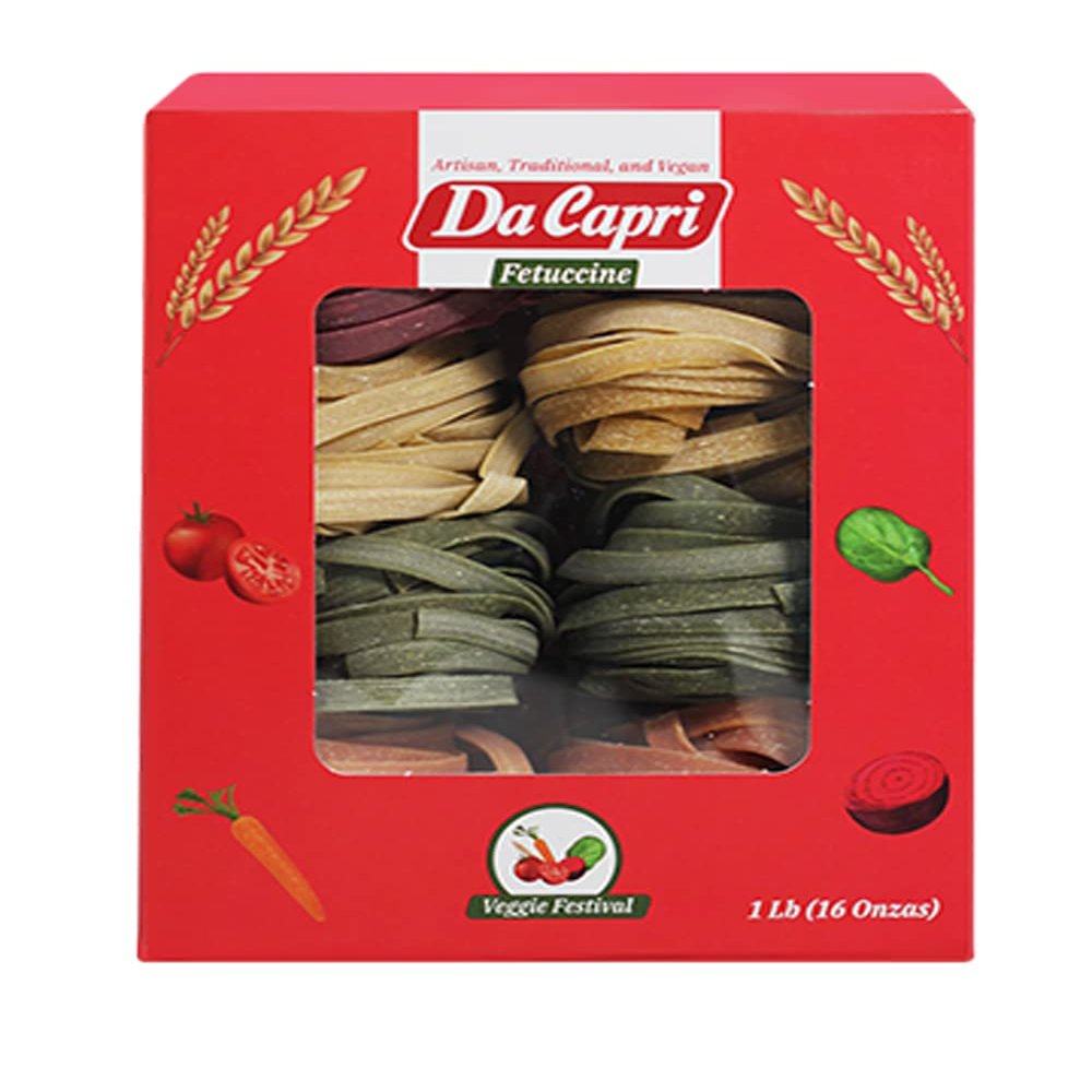 Da Capri Veggie Festival Fettuccine (Pack Of 2) | Artisanal Homemade Pasta | 16 Oz Vegan & Healthy | 100% Natural & Plant-Based | Easy to make & Fast Cooking