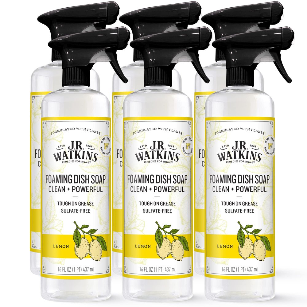 J.R. Watkins Trigger Spray Foaming Dish Soap, Crafted Clean & Cruelty Free, Lemon, 16 fl oz, 6 Pack