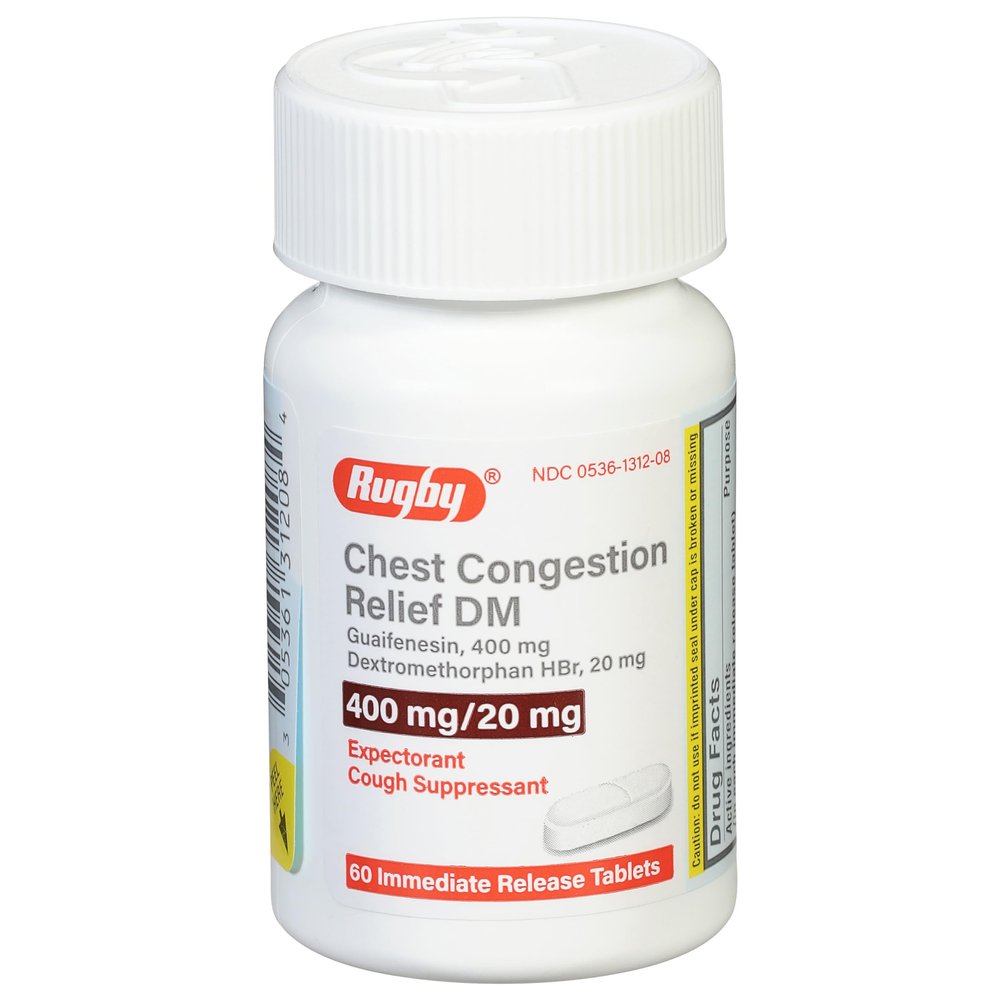 Rugby Chest Congestion Relief DM - Guaifenesin 400mg - Dextromethorphan HBr 20mg - Expectorant Cough Suppressant - 60 Immediate Release Tablets (1 Pack)
