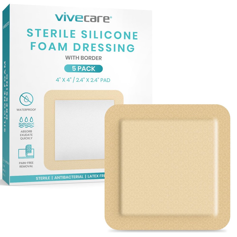 ViveCare Silicone Foam Dressing 4x4 with Border Adhesive - Bed Sore Bandage Foam Wound Dressing - Silicone Bordered Foam Dressing with Adhesive Border - Pressure Sore & Ulcer Wound Patches (5 Pack)