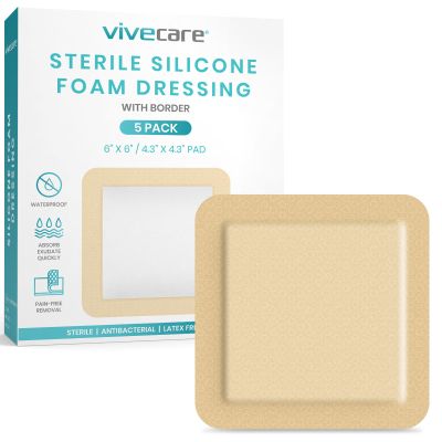 ViveCare Silicone Foam Dressing 6x6 with Border Adhesive - Bed Sore Bandage Foam Wound Dressing - Silicone Bordered Foam Dressing with Adhesive Border - Pressure Sore & Ulcer Wound Patches (5 Pack)