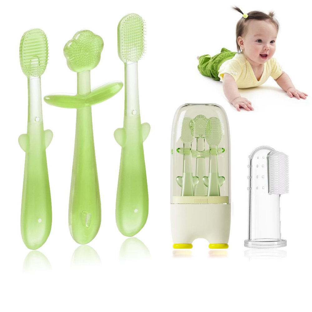 FOKiiBO Baby Silicone Toothbrush Set, Tongue Brush + Finger Toothbrush with Cup for Training Teething, 0-18M Infant Toddler Newborn Baby Teeth Brushes