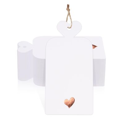 jijAcraft 100Pcs Gift Tags with String, Blank Gift Tags with Foil Rose Gold Heart, 4x2Inch White Paper Tag, Hanging Name Labels for Birthday, Wedding, Baby Shower
