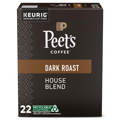 Peet's Coffee, Dark Roast Keurig K-Cup Pods, 100% Arabica Coffee - House Blend 88 Count (4 Boxes of 22 Pods)
