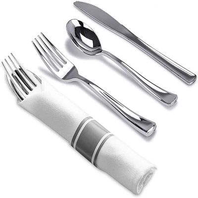 Nicole Fantini's LILLIAN Pre-Rolled 480 Pieces Silver-polished Extra Heavy Weight Full Size Cutlery Wrapped in & Linen-Like Napkin for individual guests for Elegant Parties